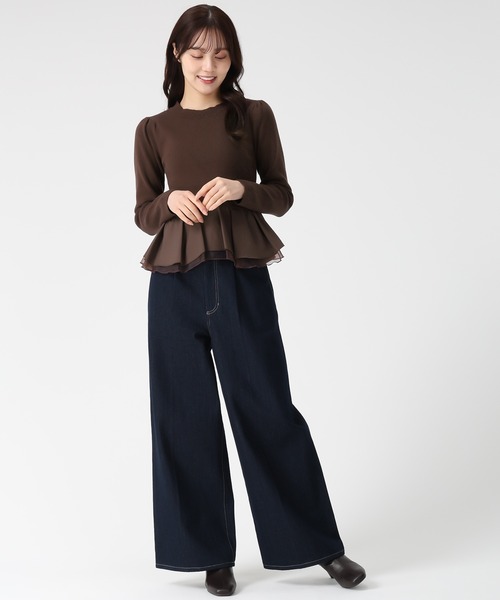 31 Sons de mode（トランテアン　ソン　ドゥ　モード）の「2025秋冬新作 異素材切替ペプラムニット（ニット/セーター・レディース・ブラック/オフホワイト/ダークブラウン・ﾌﾘ-）」の14枚目の写真