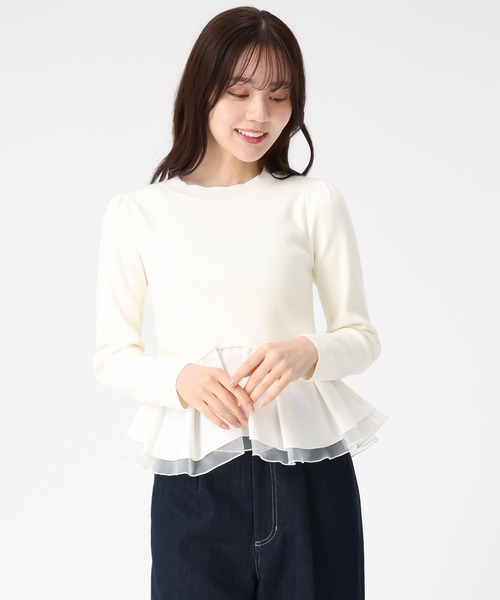 31 Sons de mode（トランテアン　ソン　ドゥ　モード）の「2025秋冬新作 異素材切替ペプラムニット（ニット/セーター・レディース・ブラック/オフホワイト/ダークブラウン・ﾌﾘ-）」の12枚目の写真