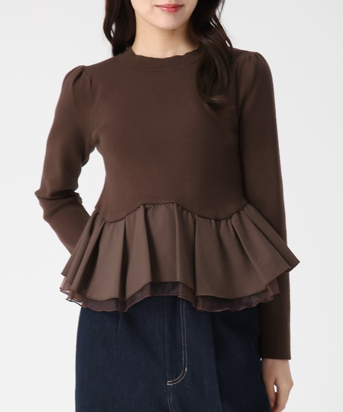 31 Sons de mode（トランテアン　ソン　ドゥ　モード）の「2025秋冬新作 異素材切替ペプラムニット（ニット/セーター・レディース・ブラック/オフホワイト/ダークブラウン・ﾌﾘ-）」の15枚目の写真