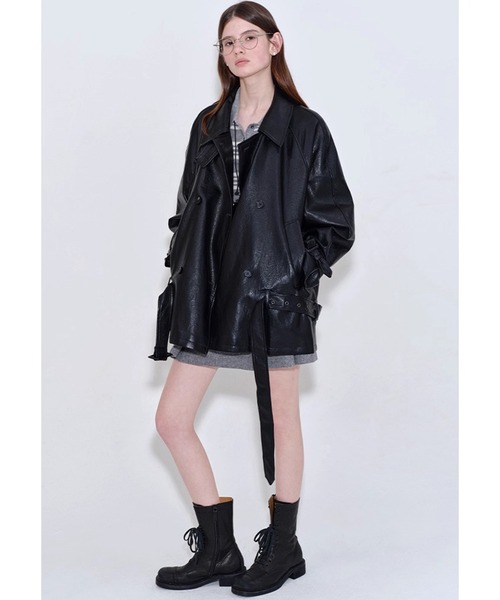 スタンドカラー ウエストベルト付き 合皮ジャケット FQ25W304【Fano