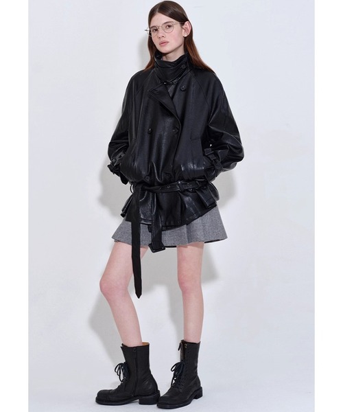 スタンドカラー ウエストベルト付き 合皮ジャケット FQ25W304【Fano