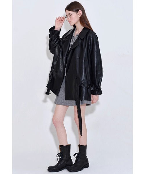 スタンドカラー ウエストベルト付き 合皮ジャケット FQ25W304【Fano