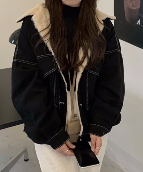 emi+（エミプラス）の「ボアドッキングデニムブルゾン（ブルゾン・レディース・ブラック・FREE）」の3枚目の写真