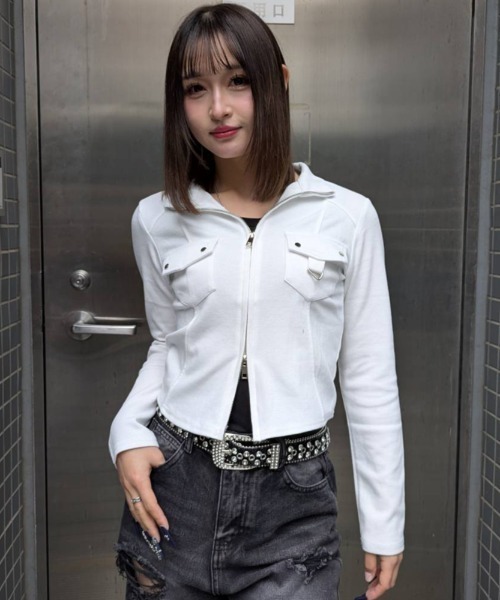 .KOM(ドットコム)の「A'GEM/9 × .kom 『.KOM/ドットケーオーエム』Front Pocket Cropped Zip Top/Y2Kフロントポケットクロップドジップトップ(その他トップス・レディース・グレー/アイボリー/ブラック・FREE)」の13枚目の写真
