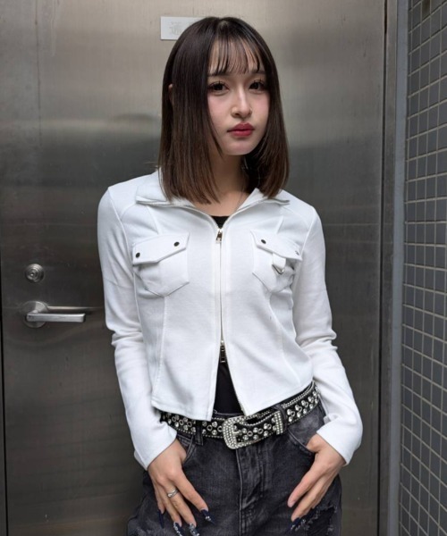 .KOM(ドットコム)の「A'GEM/9 × .kom 『.KOM/ドットケーオーエム』Front Pocket Cropped Zip Top/Y2Kフロントポケットクロップドジップトップ(その他トップス・レディース・グレー/アイボリー/ブラック・FREE)」の14枚目の写真