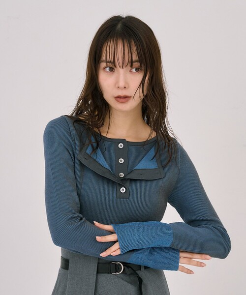UNITED TOKYO（ユナイテッドトウキョウ）の「Wカラーレイヤーニット｜ウォッシャブル/オフィスカジュアル/細見え/春服（ニット/セーター・レディース・ブラック/イエロー/ライトブルーグレー・FREE）」の7枚目の写真