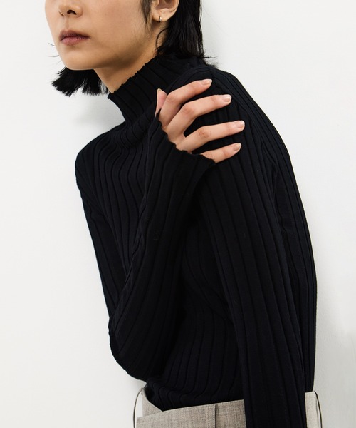 STUDIOUS（ステュディオス）の「【STUDIOUS/ステュディオス】Silk Viscorse Wide Rib KT/シルクビスコースワイドリブニット（ニット/セーター・レディース・ブラウン/ブラック/オフホワイト・FREE）」の3枚目の写真