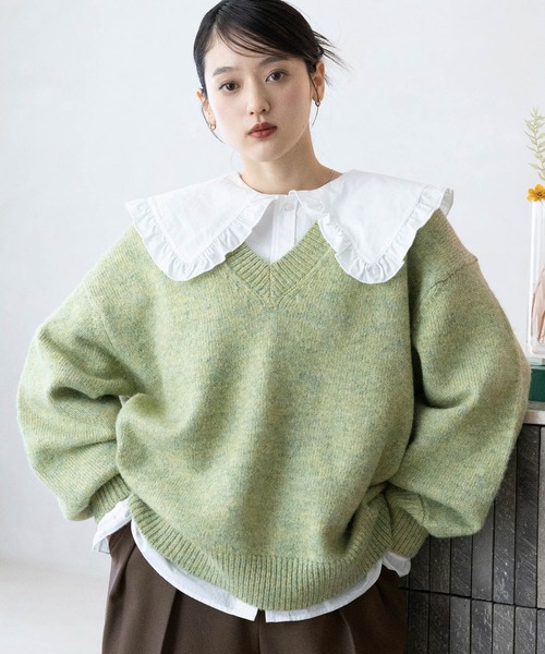 RAGEBLUE（レイジブルー）の「メランジVニットプルオーバー（ニット/セーター・レディース・グレー/ブルー/ブラック/グリーン/ピンク・FREE）」の3枚目の写真