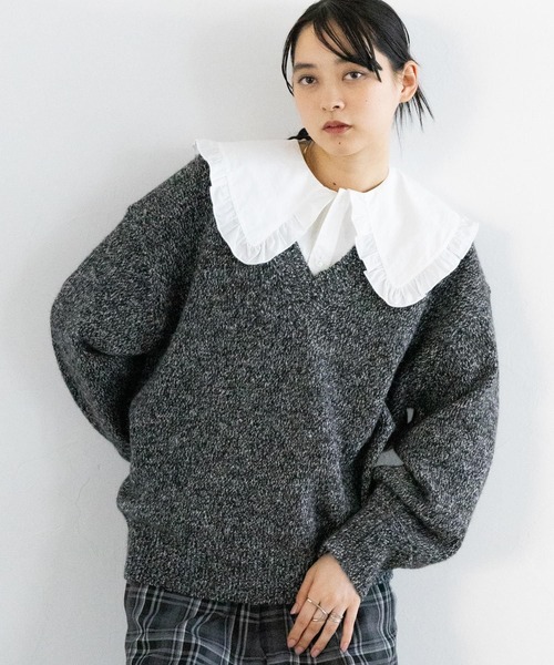 RAGEBLUE（レイジブルー）の「メランジVニットプルオーバー（ニット/セーター・レディース・グレー/ブルー/ブラック/グリーン/ピンク・FREE）」の15枚目の写真