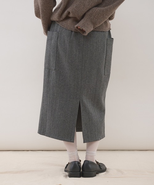 MUHET(ミュエータ)の「wool-blend tie-waist pocket skirt / ウールブレンドポケットスカート(スカート・レディース・グレー/ネイビー・LARGE/MEDIUM)」の4枚目の写真