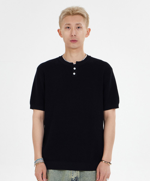ヘンリーネックワッフル半袖Tシャツ_ブラック（ポロシャツ）｜MAKEITTO