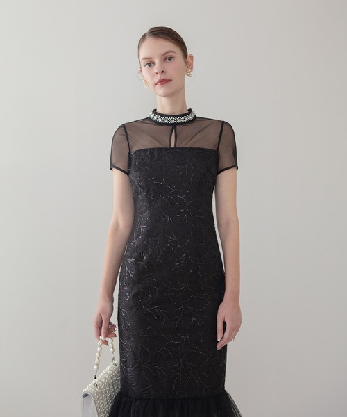 新品　ブラック パーティードレス Sサイズ　leja セール】【LEJA LUXE】ネックビジュースパンコールシアーティアード