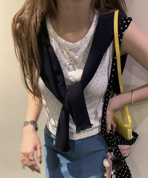 Lis ardent（リスアルダン）の「2点セットアップ/花柄タンクトップ＆カーディガン　春服タンク付きメローステッチトップス２点セット（セットアップ・レディース・ネイビー/グレー・M）」の10枚目の写真