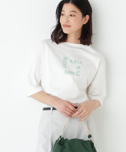 human woman（ヒューマンウーマン）の「◆TSUNAGU６分袖ロゴＴシャツ（Tシャツ/カットソー・レディース・グリーン/ネイビー・MEDIUM）」の2枚目の写真