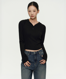 ウィメンズリブスリムフード付き長袖Tシャツ[ブラック]