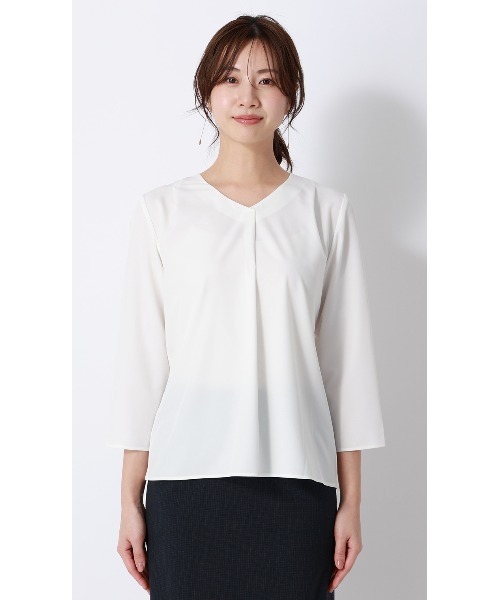 AOYAMA(アオヤマ)の「【みんなのブラウス】ゼロプレッシャーブラウス【Vネック】【7分袖】(シャツ/ブラウス・レディース・ネイビー/ホワイト・L/LL/S/M)」の4枚目の写真