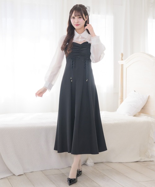 美品 セルフポートレイト 襟付 ビジューボタン 半袖 ロング チュールワンピース シアーボレロ×キャミロングワンピース（ワンピース）｜couture BY