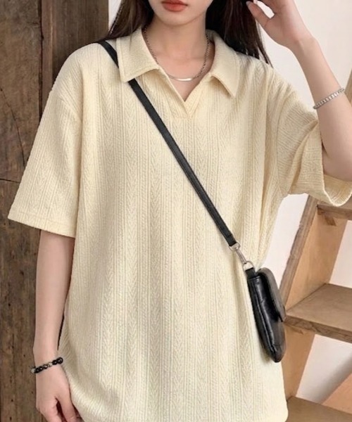 SHEPP（シープ）の「【UNISEX】パナマメッシュ 襟付きルーズポロプルオーバー / ハーフスリーブシャツ（Tシャツ/カットソー・メンズ・ブラック/イエロー/グレー・M）」の3枚目の写真