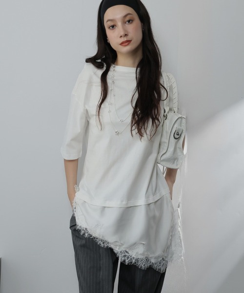 Ulysses(ユリシス)の「サテンレースドッキングオーバーTシャツ(Tシャツ/カットソー・レディース・ブラック/ブラウン/ホワイト・M/S)」の2枚目の写真