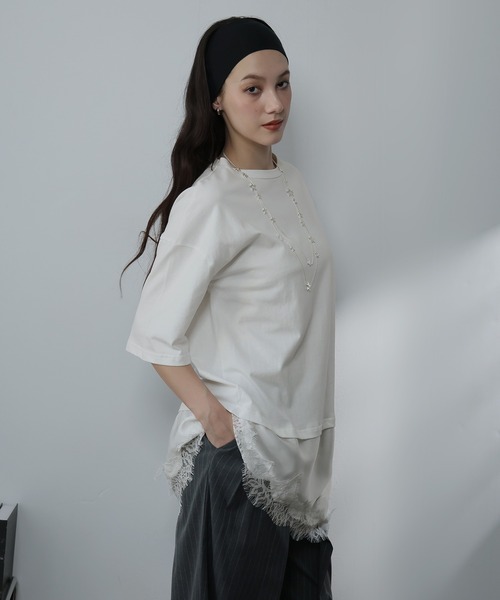 Ulysses(ユリシス)の「サテンレースドッキングオーバーTシャツ(Tシャツ/カットソー・レディース・ブラック/ブラウン/ホワイト・M/S)」の10枚目の写真