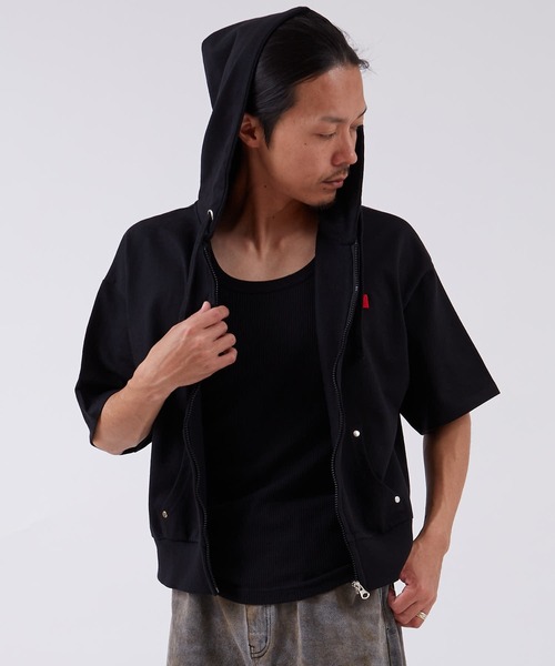 SIDEWAY STANCE（サイドウェイスタンス）の「【SIDEWAY STANCE】ボックスロゴ刺しゅう ライト裏毛 半袖ジップアップパーカー（パーカー・メンズ・ブラック/ネイビー/杢グレー・LARGE/MEDIUM/SMALL/X-LARGE）」の20枚目の写真