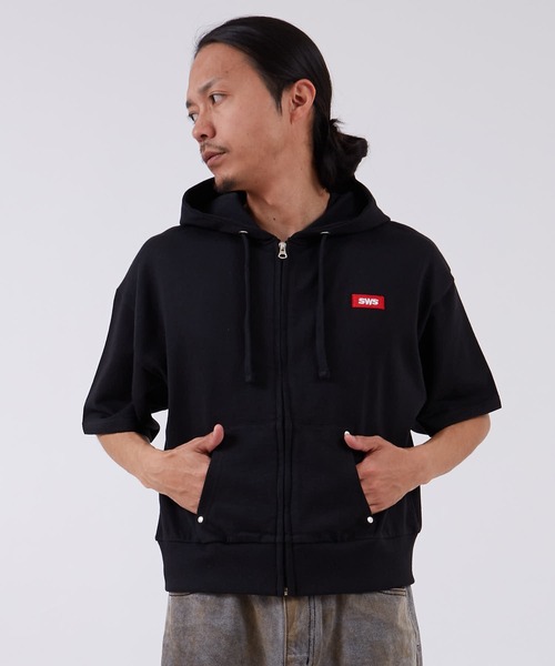 SIDEWAY STANCE（サイドウェイスタンス）の「【SIDEWAY STANCE】ボックスロゴ刺しゅう ライト裏毛 半袖ジップアップパーカー（パーカー・メンズ・ブラック/ネイビー/杢グレー・LARGE/MEDIUM/SMALL/X-LARGE）」の15枚目の写真