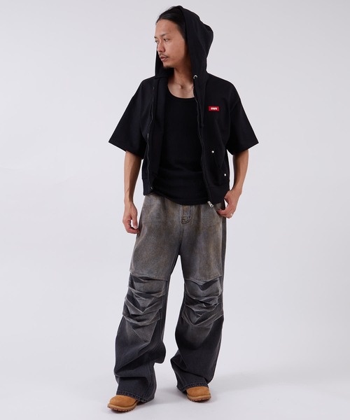 SIDEWAY STANCE（サイドウェイスタンス）の「【SIDEWAY STANCE】ボックスロゴ刺しゅう ライト裏毛 半袖ジップアップパーカー（パーカー・メンズ・ブラック/ネイビー/杢グレー・LARGE/MEDIUM/SMALL/X-LARGE）」の17枚目の写真