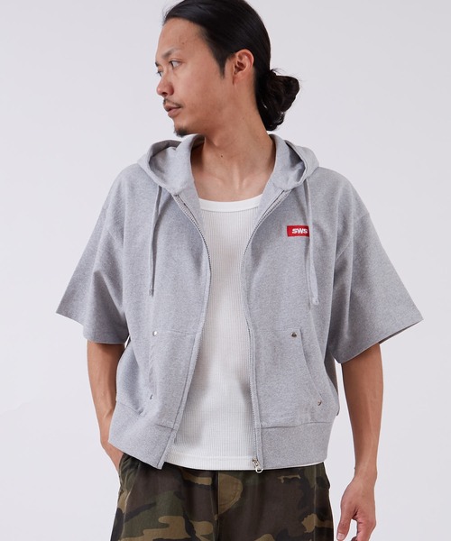 SIDEWAY STANCE（サイドウェイスタンス）の「【SIDEWAY STANCE】ボックスロゴ刺しゅう ライト裏毛 半袖ジップアップパーカー（パーカー・メンズ・ブラック/ネイビー/杢グレー・LARGE/MEDIUM/SMALL/X-LARGE）」の18枚目の写真