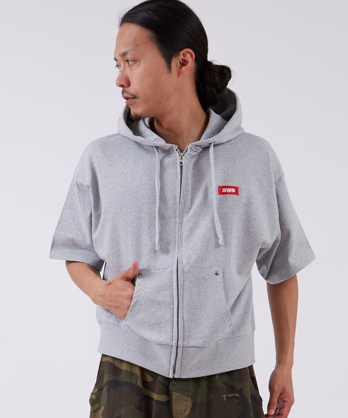SIDEWAY STANCE（サイドウェイスタンス）の「【SIDEWAY STANCE】ボックスロゴ刺しゅう ライト裏毛 半袖ジップアップパーカー（パーカー・メンズ・ブラック/ネイビー/杢グレー・LARGE/MEDIUM/SMALL/X-LARGE）」の11枚目の写真