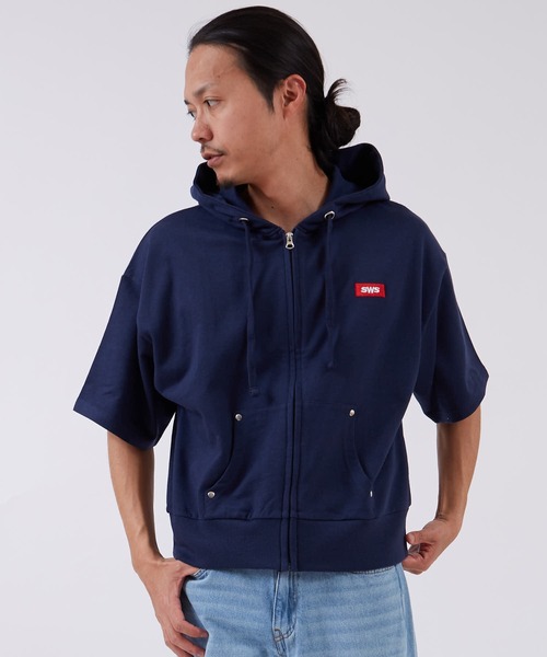 SIDEWAY STANCE（サイドウェイスタンス）の「【SIDEWAY STANCE】ボックスロゴ刺しゅう ライト裏毛 半袖ジップアップパーカー（パーカー・メンズ・ブラック/ネイビー/杢グレー・LARGE/MEDIUM/SMALL/X-LARGE）」の6枚目の写真