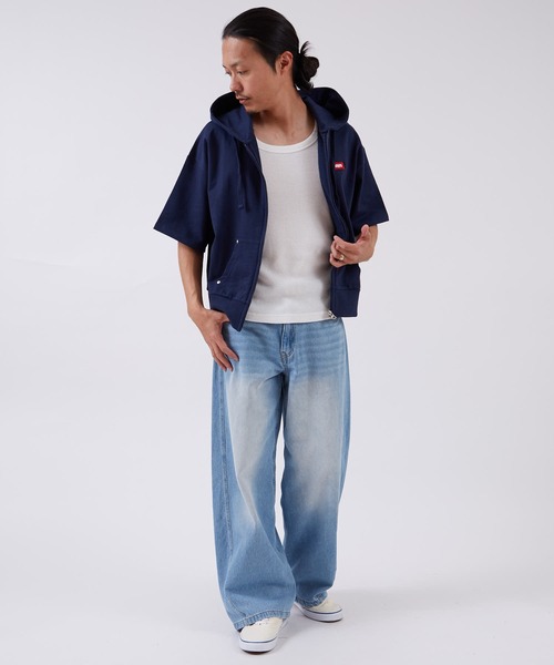 SIDEWAY STANCE（サイドウェイスタンス）の「【SIDEWAY STANCE】ボックスロゴ刺しゅう ライト裏毛 半袖ジップアップパーカー（パーカー・メンズ・ブラック/ネイビー/杢グレー・LARGE/MEDIUM/SMALL/X-LARGE）」の7枚目の写真