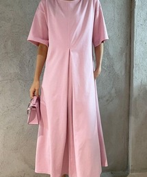 ラウンドネック 半袖 フロントタック スリット入り ミディ丈フレアワンピース