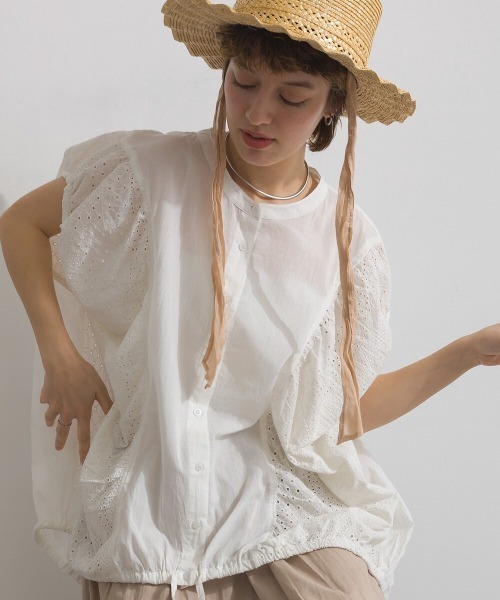コットンキャンブリック　シフリー刺繍ドルマンギャザーブラウス