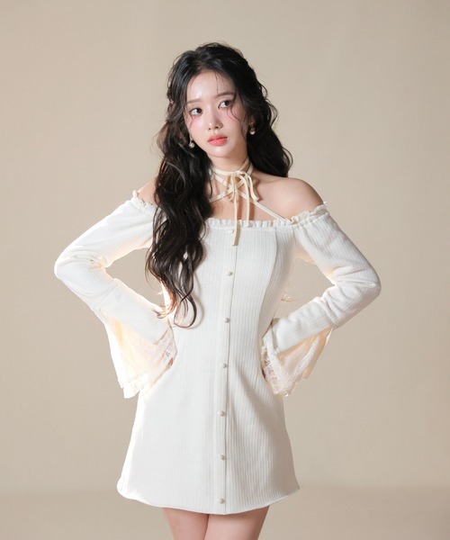 セール】Lace trim rib mini onepiece（ワンピース）｜M me eme
