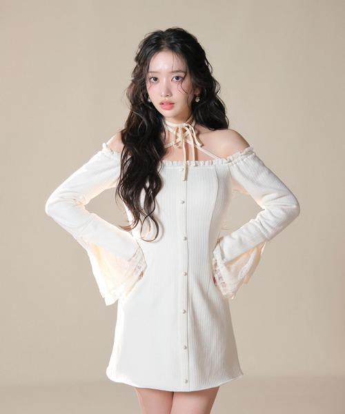 M me eme（エムミーエメ）の「Lace trim rib mini onepiece(eme11060)（ワンピース・レディース・ブルー/アイボリー・FREE/XS）」の4枚目の写真