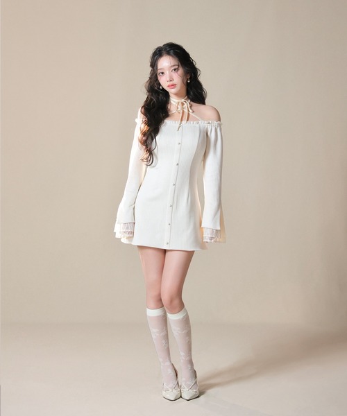 M me eme（エムミーエメ）の「Lace trim rib mini onepiece(eme11060)（ワンピース・レディース・ブルー/アイボリー・FREE/XS）」の5枚目の写真