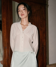 Shirred Texture Stripe Blouse Beige