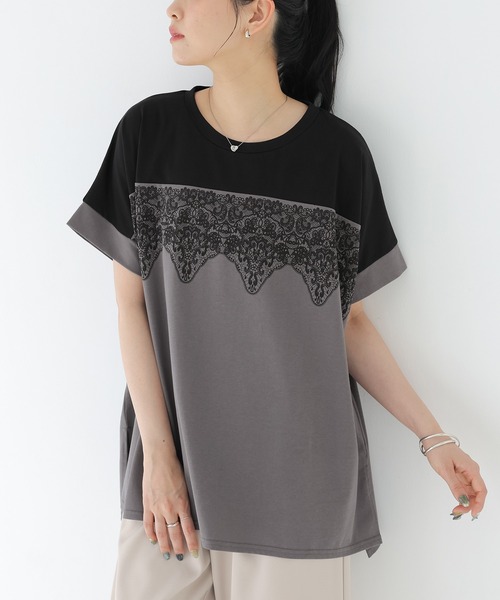 n'OrLABEL(ノアールレーベル)の「【接触冷感】配色レースプリントカットソー(Tシャツ/カットソー・レディース・オフホワイト/チャコール・FREE)」の2枚目の写真