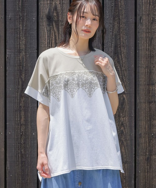 n'OrLABEL(ノアールレーベル)の「【接触冷感】配色レースプリントカットソー(Tシャツ/カットソー・レディース・オフホワイト/チャコール・FREE)」の4枚目の写真