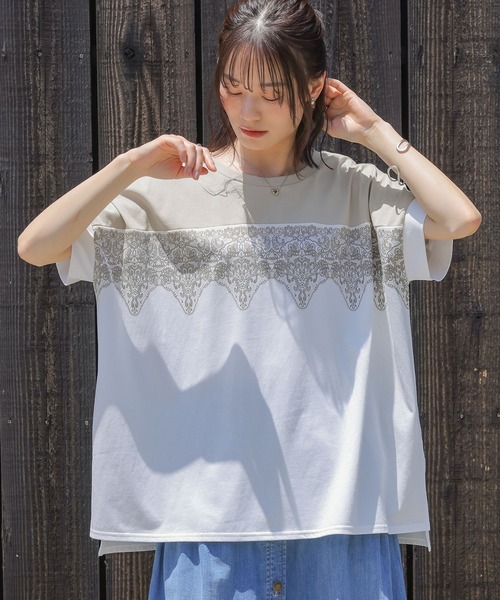 n'OrLABEL(ノアールレーベル)の「【接触冷感】配色レースプリントカットソー(Tシャツ/カットソー・レディース・オフホワイト/チャコール・FREE)」の5枚目の写真