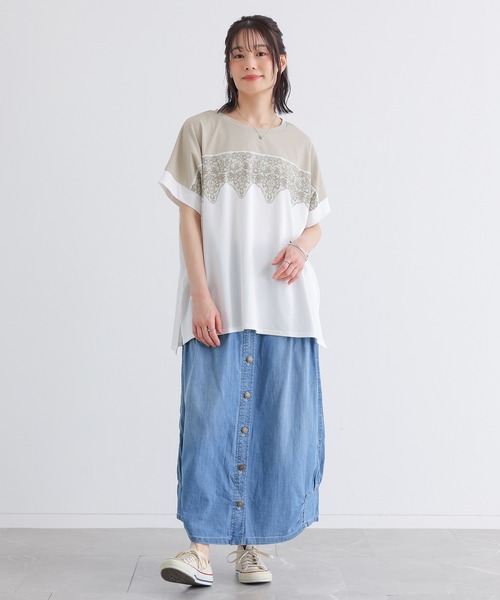 n'OrLABEL(ノアールレーベル)の「【接触冷感】配色レースプリントカットソー(Tシャツ/カットソー・レディース・オフホワイト/チャコール・FREE)」の6枚目の写真