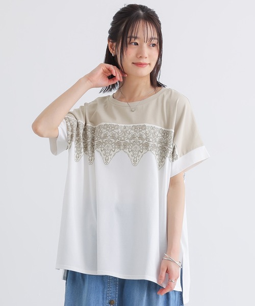 n'OrLABEL(ノアールレーベル)の「【接触冷感】配色レースプリントカットソー(Tシャツ/カットソー・レディース・オフホワイト/チャコール・FREE)」の7枚目の写真