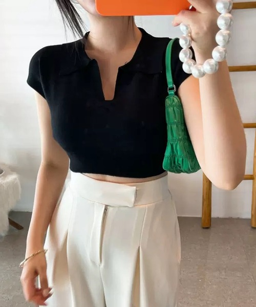 VIBGYOR(ヴィブジョー)の「【EIZZ/アイズ】スキッパー ポロ襟 ショート丈 サマーニット トップス(ニット/セーター・レディース・ブラック/アイボリー/ベージュ/ホワイト・FREE)」の10枚目の写真