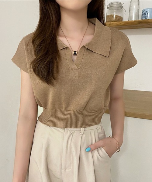 VIBGYOR(ヴィブジョー)の「【EIZZ/アイズ】スキッパー ポロ襟 ショート丈 サマーニット トップス(ニット/セーター・レディース・ブラック/アイボリー/ベージュ/ホワイト・FREE)」の13枚目の写真