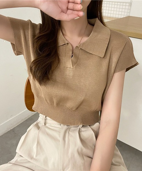 VIBGYOR(ヴィブジョー)の「【EIZZ/アイズ】スキッパー ポロ襟 ショート丈 サマーニット トップス(ニット/セーター・レディース・ブラック/アイボリー/ベージュ/ホワイト・FREE)」の16枚目の写真