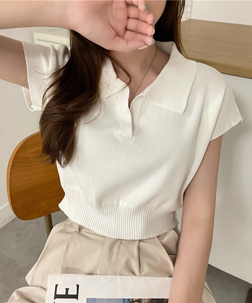 VIBGYOR(ヴィブジョー)の「【EIZZ/アイズ】スキッパー ポロ襟 ショート丈 サマーニット トップス(ニット/セーター・レディース・ブラック/アイボリー/ベージュ/ホワイト・FREE)」の18枚目の写真