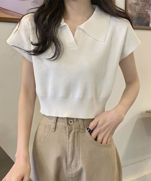 VIBGYOR(ヴィブジョー)の「【EIZZ/アイズ】スキッパー ポロ襟 ショート丈 サマーニット トップス(ニット/セーター・レディース・ブラック/アイボリー/ベージュ/ホワイト・FREE)」の19枚目の写真