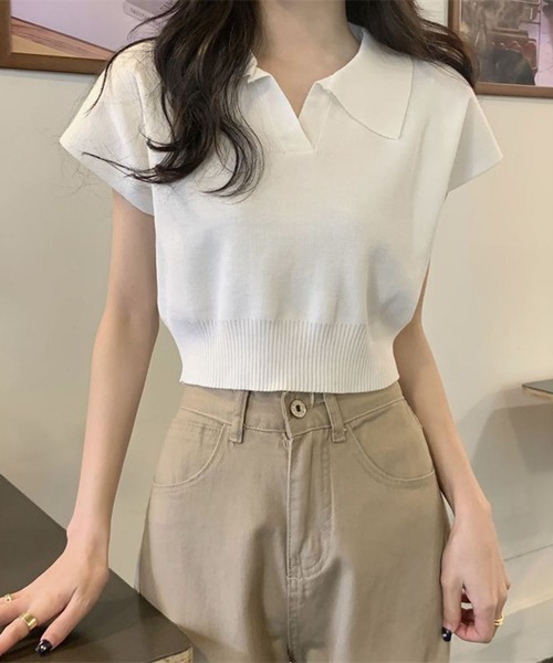 VIBGYOR(ヴィブジョー)の「【EIZZ/アイズ】スキッパー ポロ襟 ショート丈 サマーニット トップス(ニット/セーター・レディース・ブラック/アイボリー/ベージュ/ホワイト・FREE)」の21枚目の写真