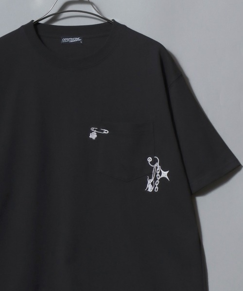 ANPAS（アンパス）の「Short-Sleeve Embroidered Chest Pocket Tee / 胸ポケット刺繍半袖Tシャツ 花 猫モチーフ メンズ レディース トップス（Tシャツ/カットソー・メンズ・ホワイト系1/ホワイト系2/ブラック系1/ブラック系2・M/L）」の3枚目の写真