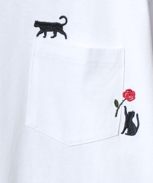 ANPAS（アンパス）の「Short-Sleeve Embroidered Chest Pocket Tee / 胸ポケット刺繍半袖Tシャツ 花 猫モチーフ メンズ レディース トップス（Tシャツ/カットソー・メンズ・ホワイト系1/ホワイト系2/ブラック系1/ブラック系2・M/L）」の9枚目の写真